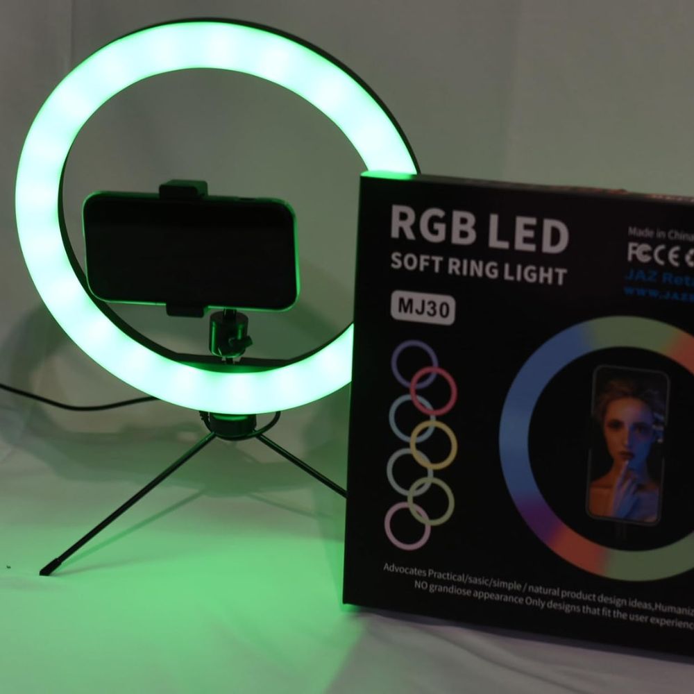 Selfie Ring Light with Metal Stand for Photos, Videos, and Streaming on YouTube, Instagram, and TikTok. Works with Smartphones, Cameras, and Webcams. MJ30 12-inch RGB LED Tripod Stand