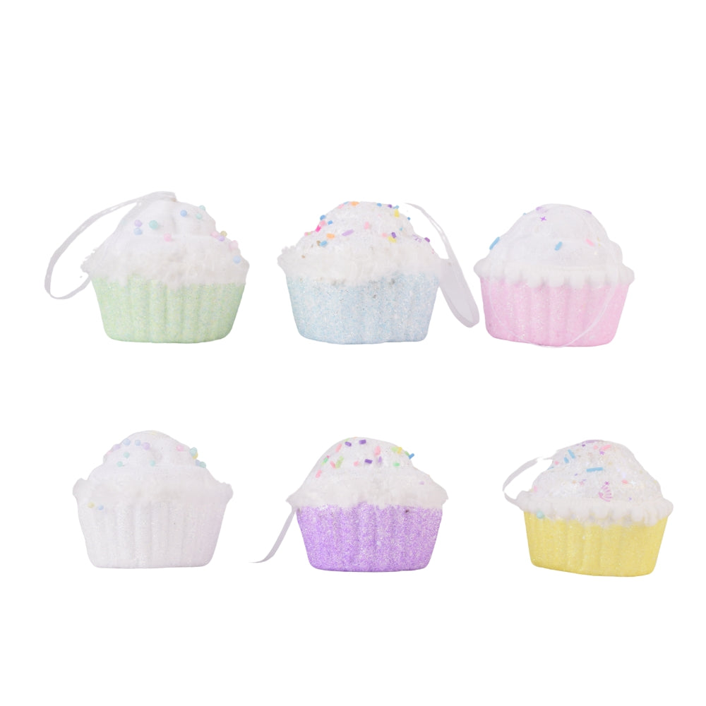 Set of 6 Glittery Cupcake Christmas Tree Ornaments