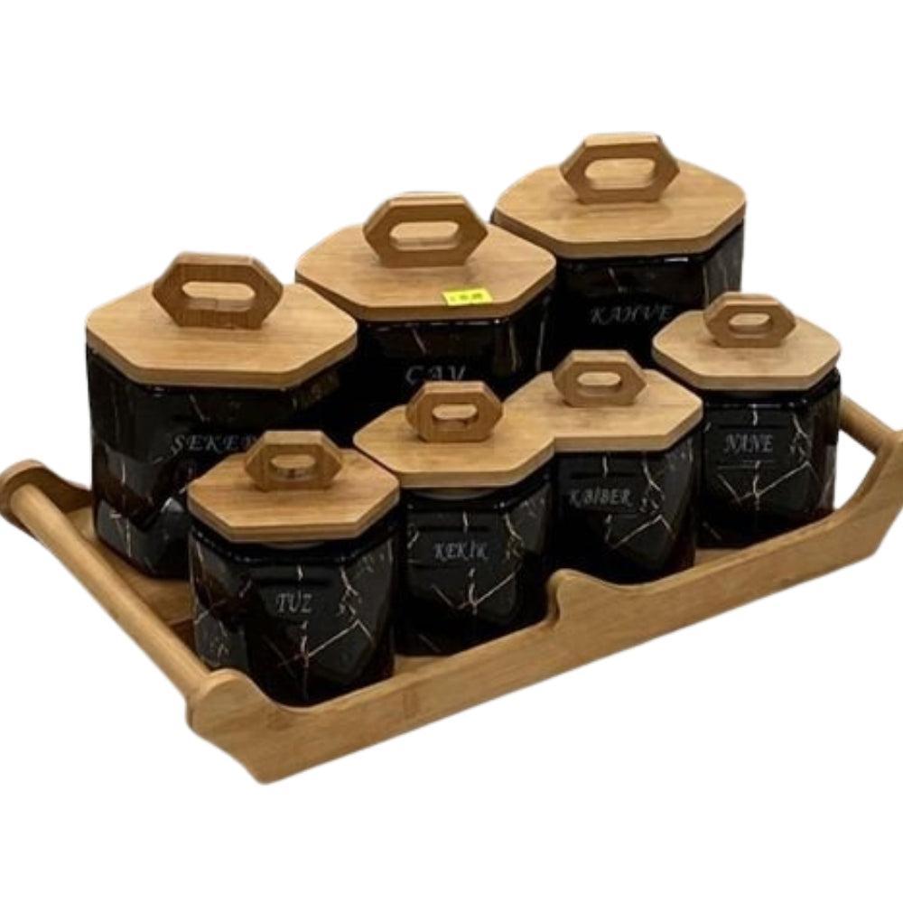 Set of 7 ceramic kitchen canisters with lid and bamboo stand