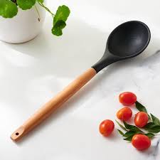 Silicone Cooking Spoon, Wooden Handle Cooking Spoon, Black,