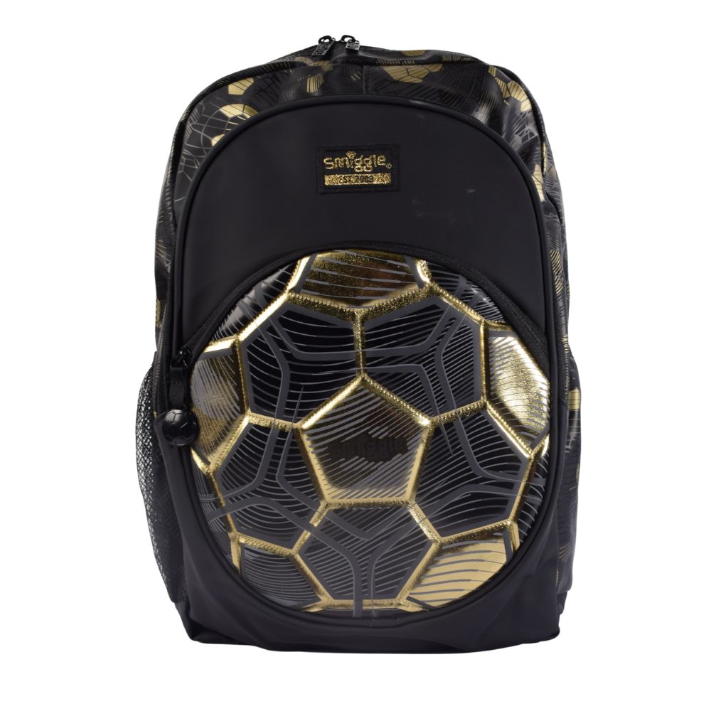 Smiggle Gold Edition Soccer Backpack – Black & Metallic Football Design