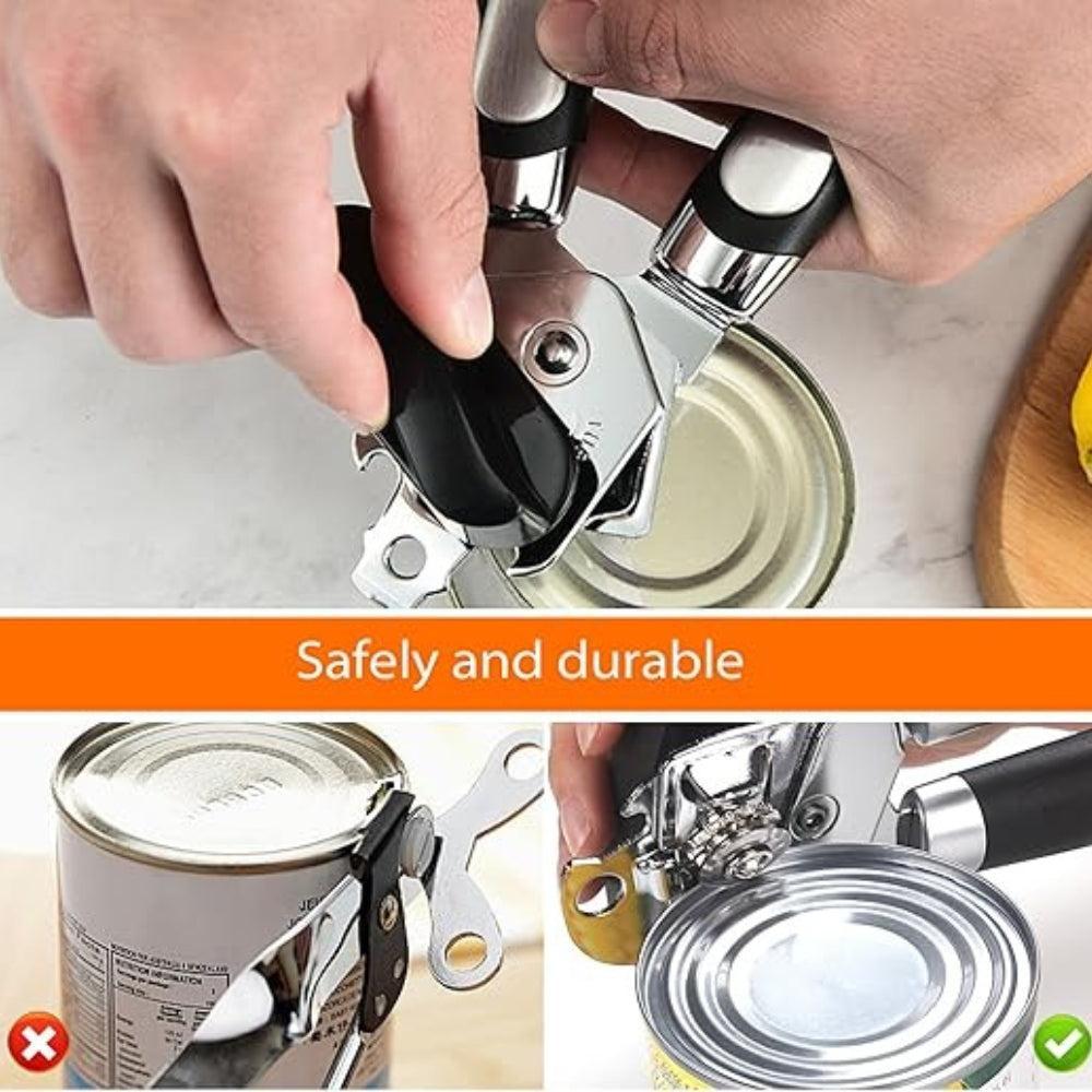 Smooth Edge Tin Opener, Stainless Steel Manual Can Opener With Ergonomic Soft Grips Handle With Easy Turn Round Knob, Side Cutting Bottle Opener, Lid Lifter That Won't Touch Food