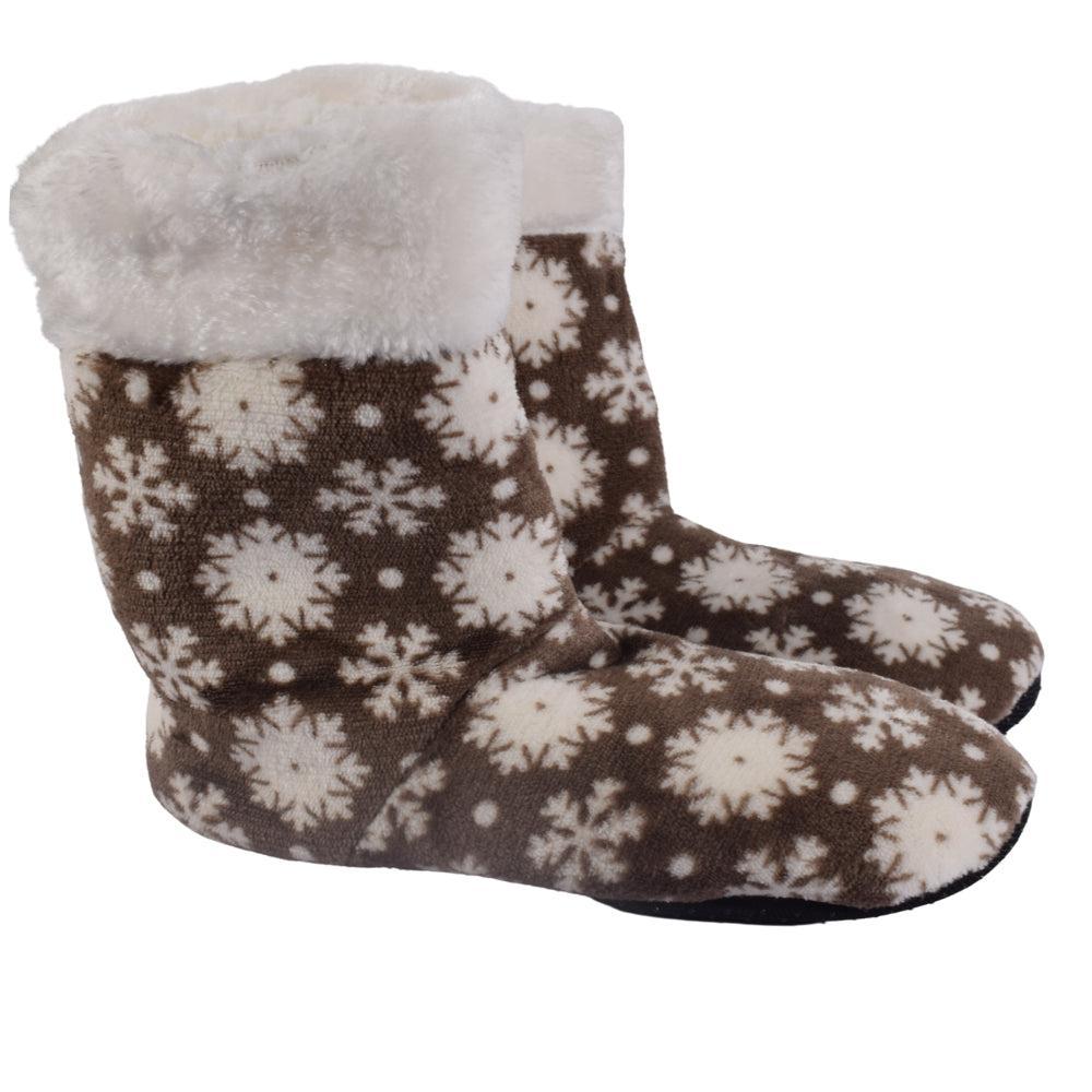 Snowflake Fleece Slipper Boots with Faux Fur Cuff