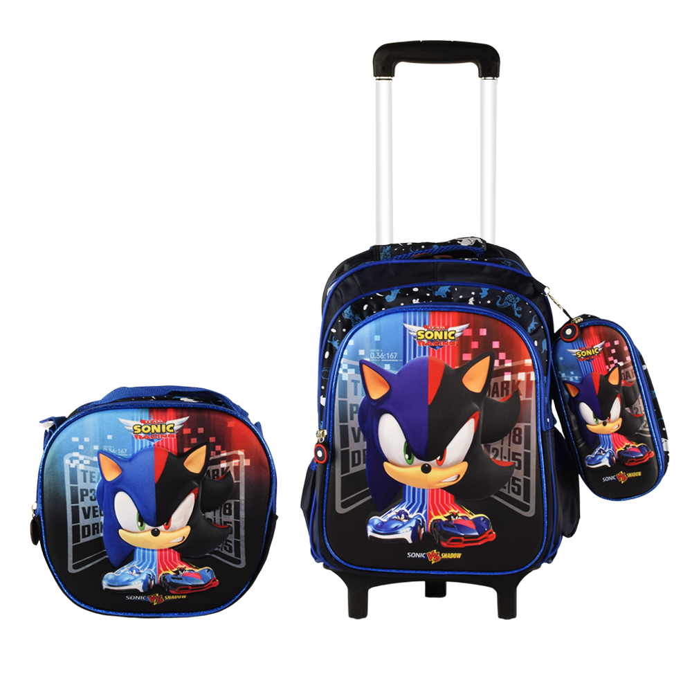 Sonic 3PCS Detachable Rolling Backpack for Boys With Lunch Bag Pencil Case 2Wheels Roll