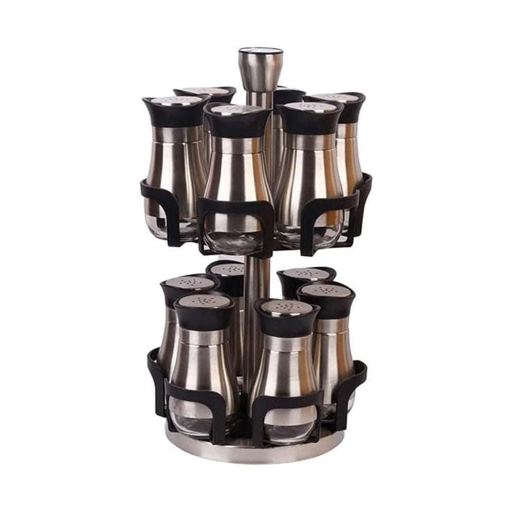 Spice set of 12 glass jars with a stainless steel cover for each jar to protect the glass, on a two-tier rotating stand, stainless steel, silver and black