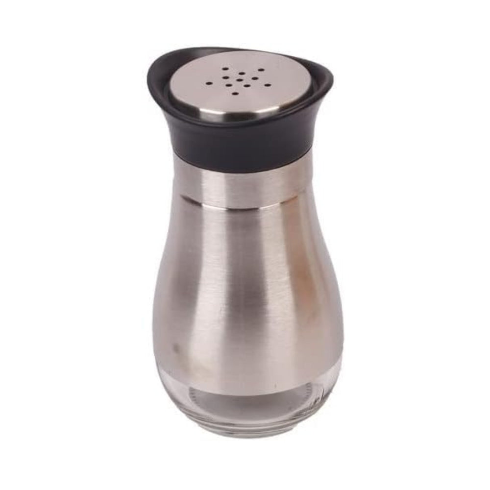 Spice set of 12 glass jars with a stainless steel cover for each jar to protect the glass, on a two-tier rotating stand, stainless steel, silver and black