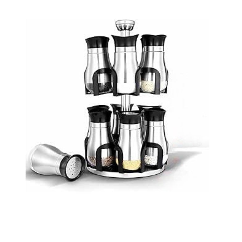 Spice set of 12 glass jars with a stainless steel cover for each jar to protect the glass, on a two-tier rotating stand, stainless steel, silver and black