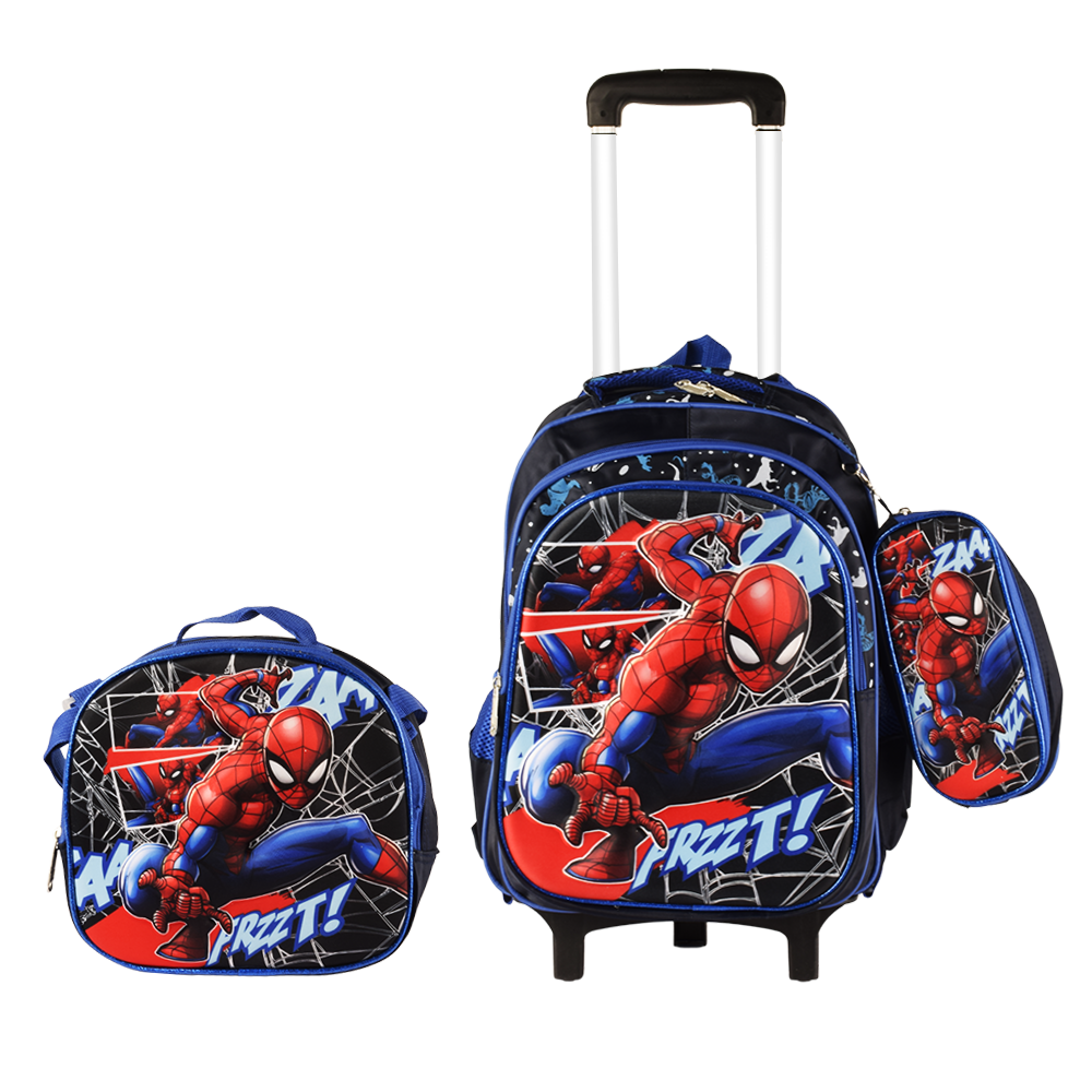 Spider Man 3PCS Detachable Rolling Backpack for Boys With Lunch Bag Pencil Case 2Wheels Roll