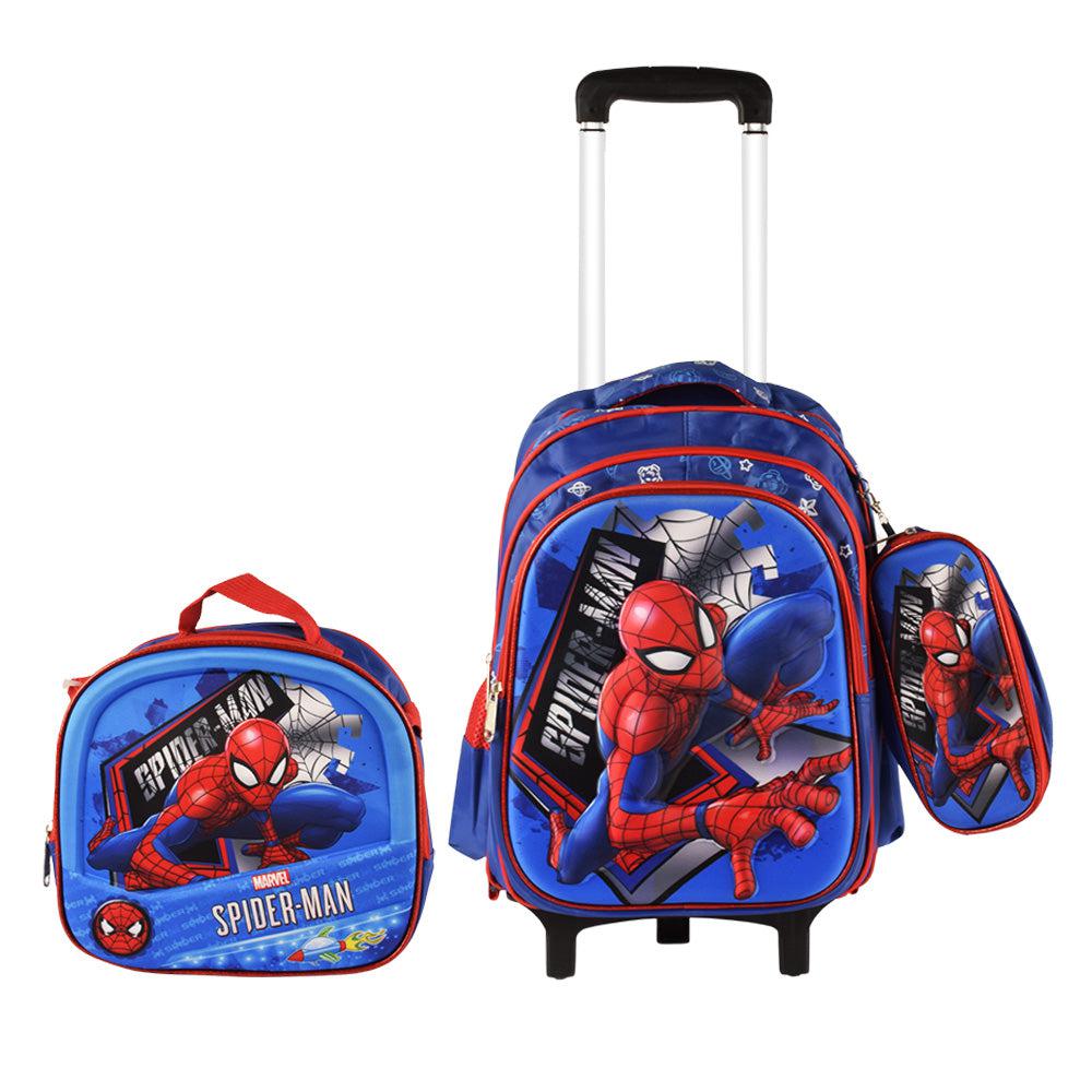 Spider Man 3PCS Detachable Rolling Backpack for Boys With Lunch Bag Pencil Case 2Wheels Roll