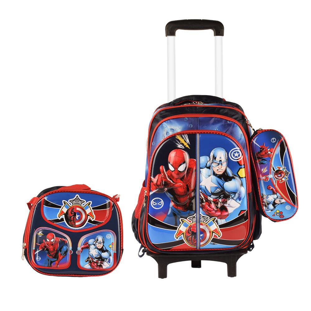 Spider Man - Captain American 3PCS Detachable Rolling Backpack for Boys With Lunch Bag Pencil Case 2Wheels Roll