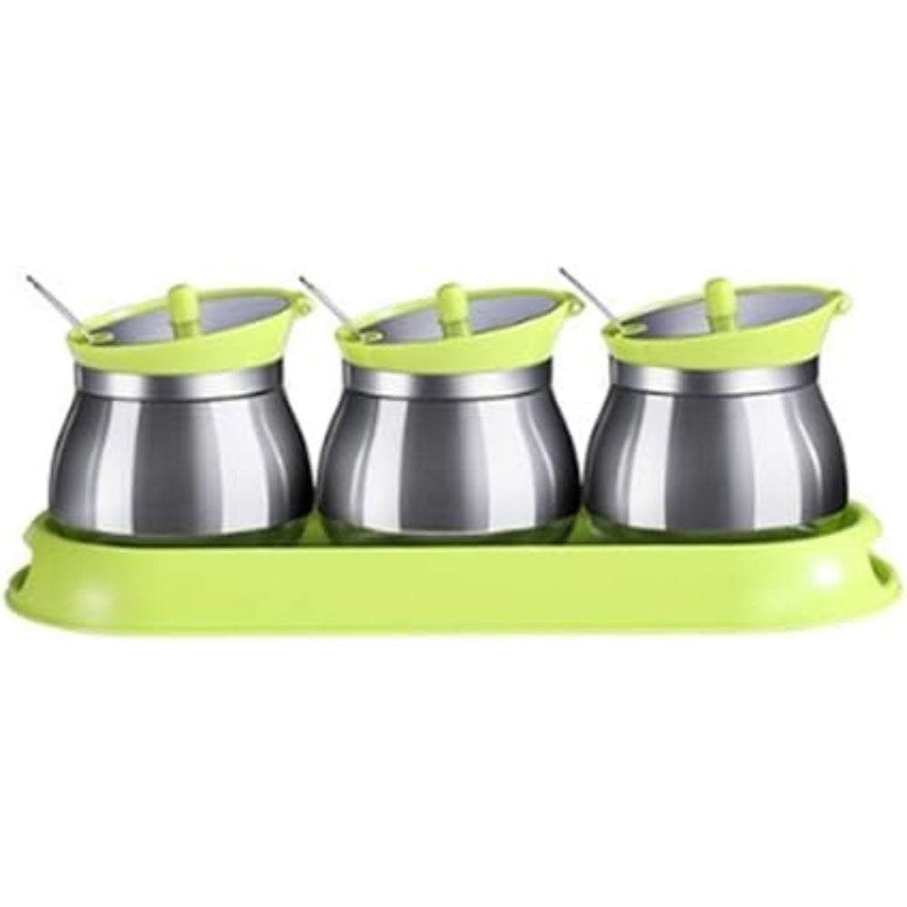 Stainless Steel Seasoning Jar Set, Lead-free Glass Seasoning Box, Seasoning Jar with Lid and Spoon, Used to Store Salt, Pepper and Other Condiments