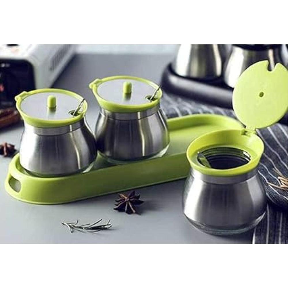Stainless Steel Seasoning Jar Set, Lead-free Glass Seasoning Box, Seasoning Jar with Lid and Spoon, Used to Store Salt, Pepper and Other Condiments