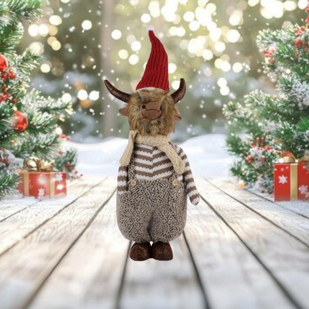Standing Highland Cow Christmas Plush With Santa Hat And Red White Stripe Jumper 50Cm