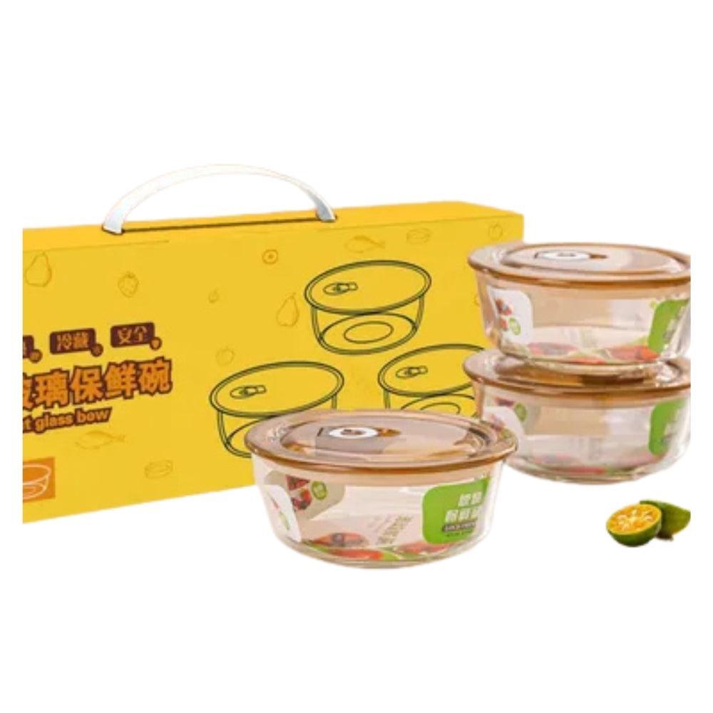 Three-Piece Set Round Lid Preservation Container Household Glass Preservation Bowl