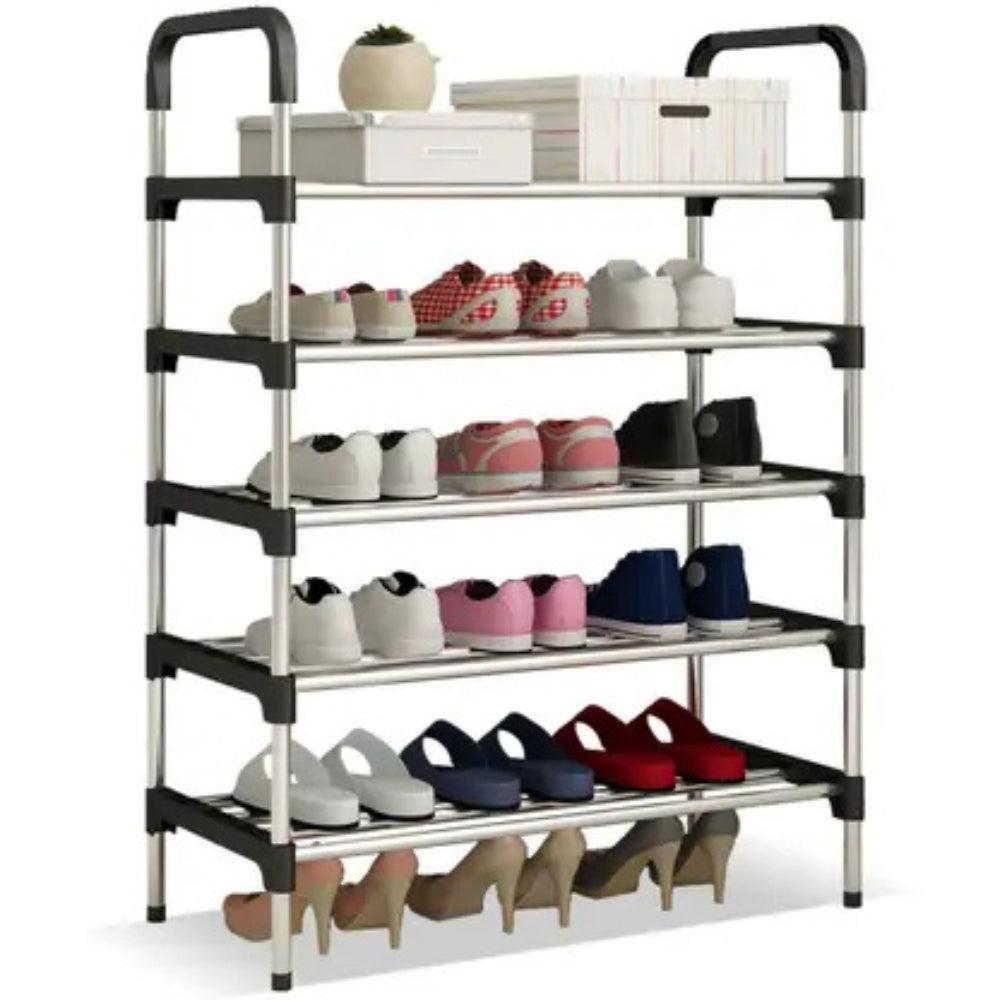 Three Secondz Rust-Free Stainless Steel Adjustable Multipurpose Stand for Kitchen StorageMicrowave & OTG RackShoe RackBathroom StandOffice OrganizerBookshelf (5 Rows, Black)