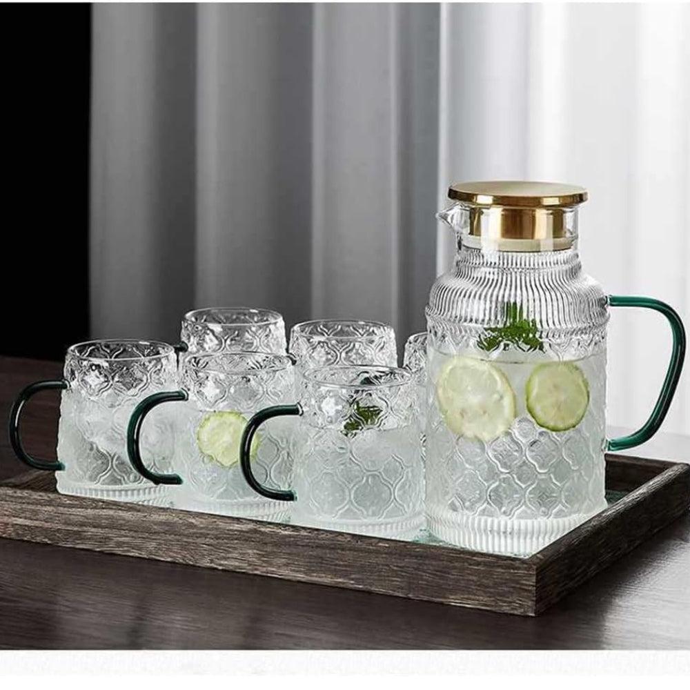 Vintage Begonia Flower Cold Water Bottle Summer Home Kettle Cup Large Capacity Tea Pot with Cup and Tray (Color White-Mountain peach7, Size 1 Set)