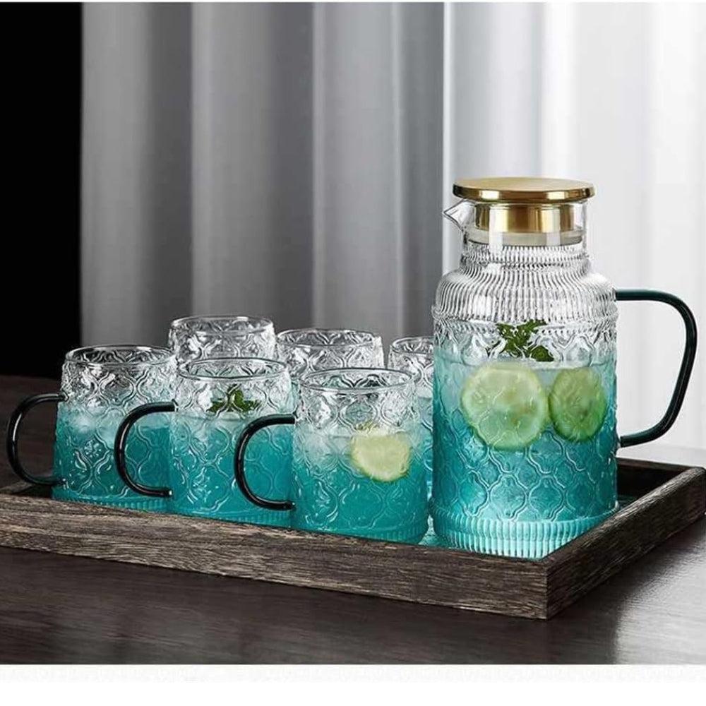 Vintage Begonia Flower Cold Water Bottle Summer Home Kettle Cup Large Capacity Tea Pot with Cup and Tray (Color White-Mountain peach7, Size 1 Set)