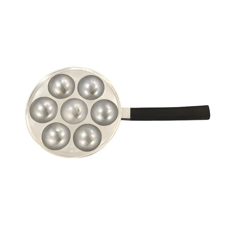 Vintage Heavyweight Iron Pancake Pan With Hard Plastic Handle And 7 Baking Indents - Classic Kitchenware