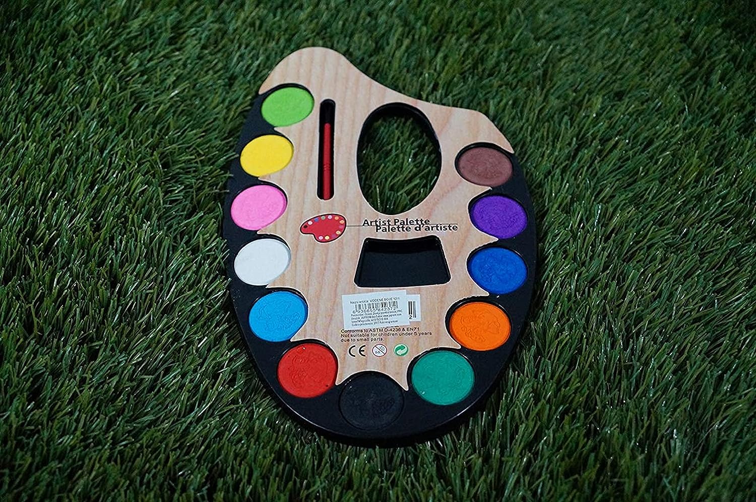 Wooden Palate With 12 Watercolours And Paint Brush