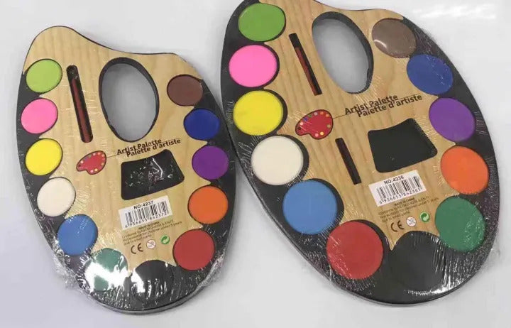 Wooden Palate With 12 Watercolours And Paint Brush