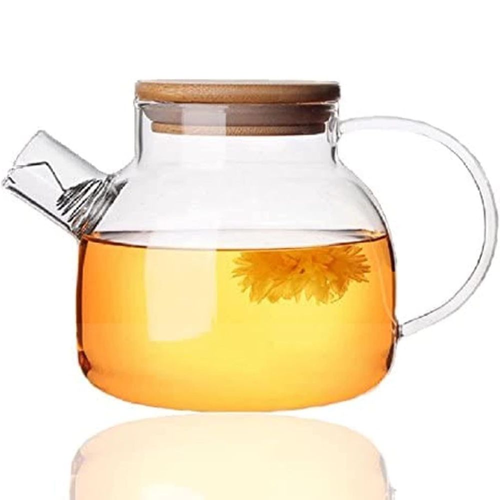 YumLock Glass Teapot with Removable Infuser, Stovetop Safe Teapot for Loose Leaf and Blooming Tea, 1000ML Clear Teapots with Bamboo Lid (Assorted Colors)