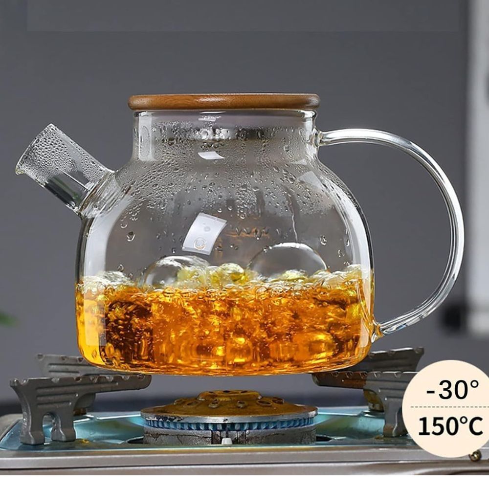 YumLock Glass Teapot with Removable Infuser, Stovetop Safe Teapot for Loose Leaf and Blooming Tea, 1000ML Clear Teapots with Bamboo Lid (Assorted Colors)