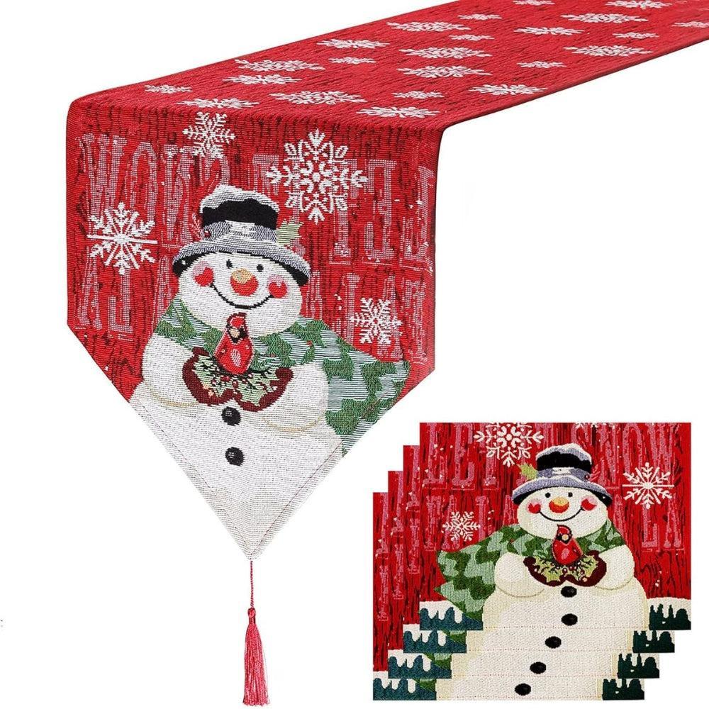 hristmas Table Runner with 33ft Fairy String Lights, Snowman Xmas Table Runner, Non-Slip Table Cloth, Christmas Table Decoration for Indoor/Outdoor Christmas Party Décor 180Cm