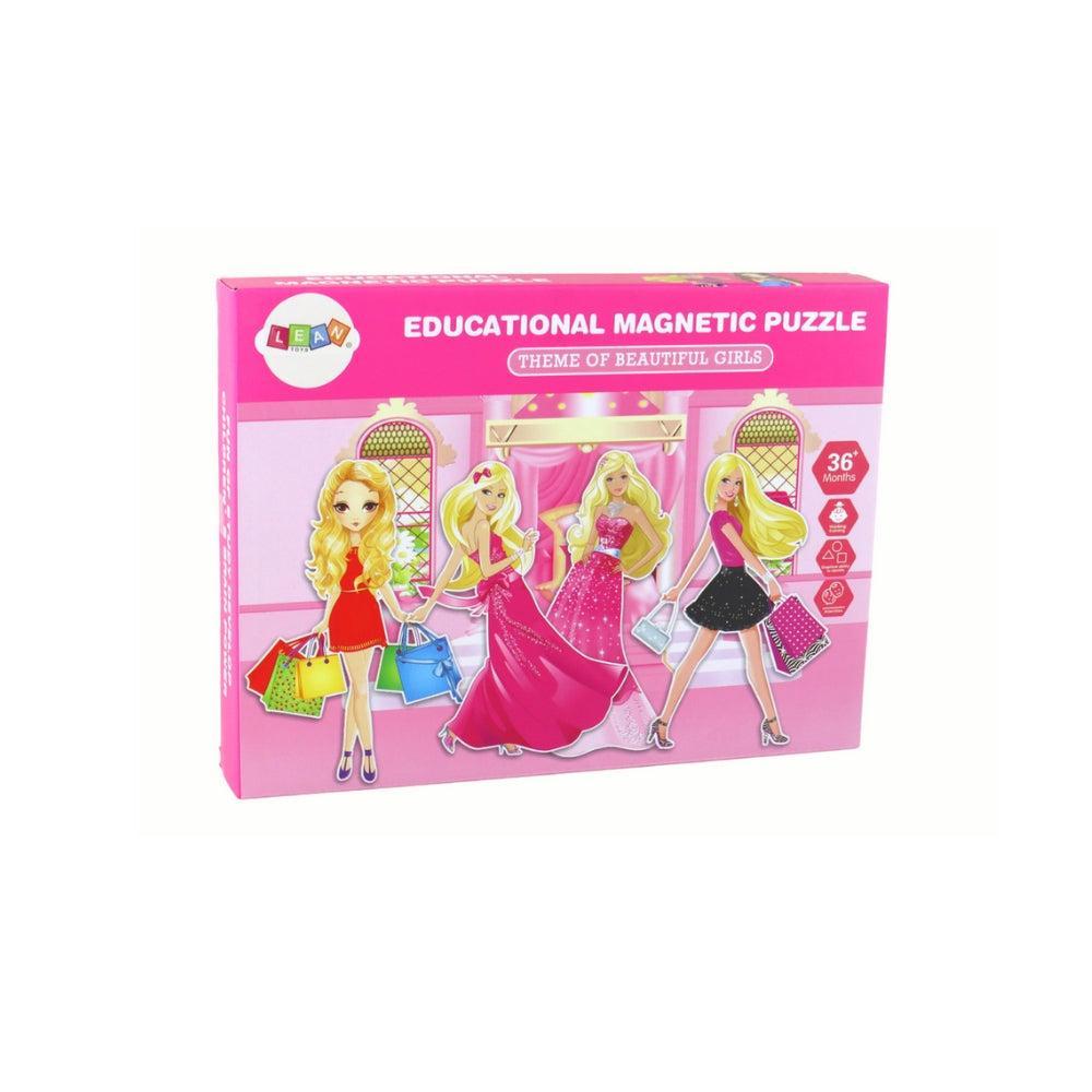 set of educational magnetic puzzles with a Barbie motif
