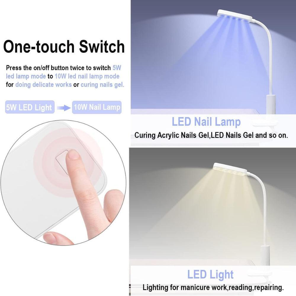 wenxintek 2 in 1 LED UV Nail Lamp Light with Gooseneck and Clip,Flexible Flash Cure Nail Lamp for Curing Acrylic Nails Gel Polish,Nail Desk Lamp for Reading,Manicure Salon Nail DIY Tool, USB Cable